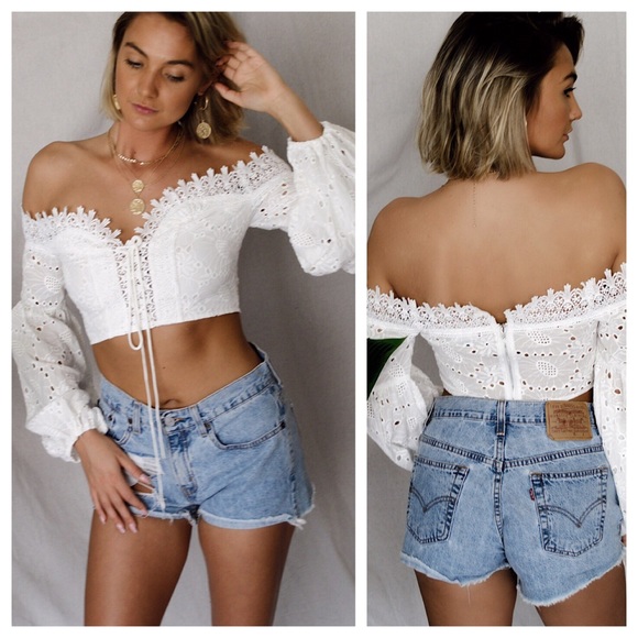 Off Shoulder Lace Crochet Long Sleeve Blouse - Picture 6 of 7